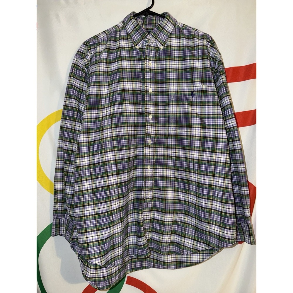 Polo Ralph Lauren Button Up Shirt Medium Purple Green Plaid Cotton Long Sleeve